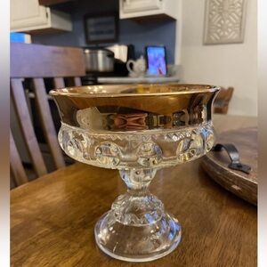 Indiana Glass Kings Crown Compote 7" Pedestal Dish Gold Rim Thumbprint Candy
